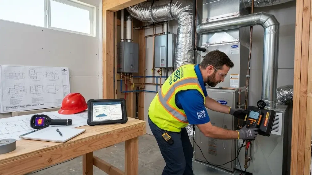 Certified technician performing California New Construction HERS Verification on residential HVAC equipment to ensure energy efficiency and code compliance.