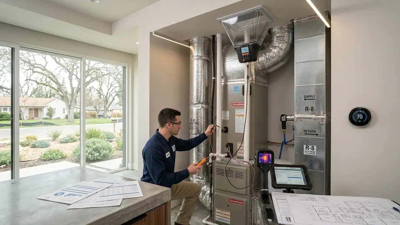 ECC rater conducting HVAC energy verification and diagnostic testing in Sacramento.