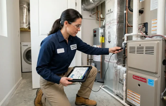 Certified energy rater performing HVAC and ductwork verification in a Sacramento home.
