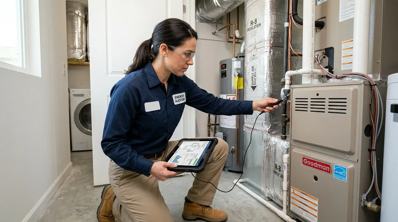 Certified energy rater performing HVAC and ductwork verification in a Sacramento home.