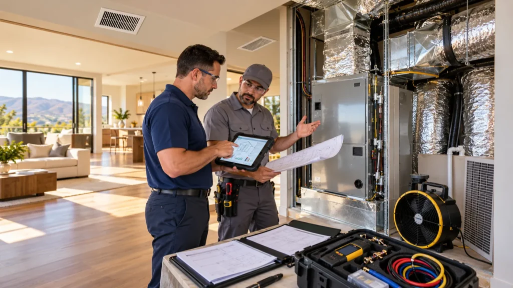 Energy efficiency inspector and HVAC contractor reviewing completed duct repairs before a duct leakage test retest in California.