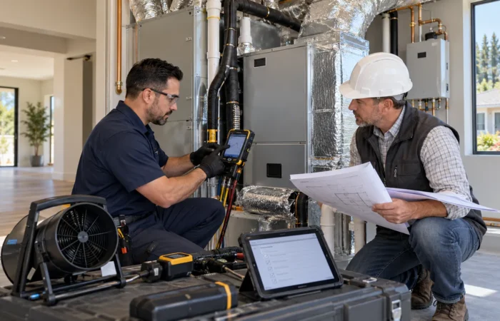 Professional HVAC inspector evaluating HERS testing cost in Sacramento, CA, during a residential energy efficiency and Title 24 compliance inspection.