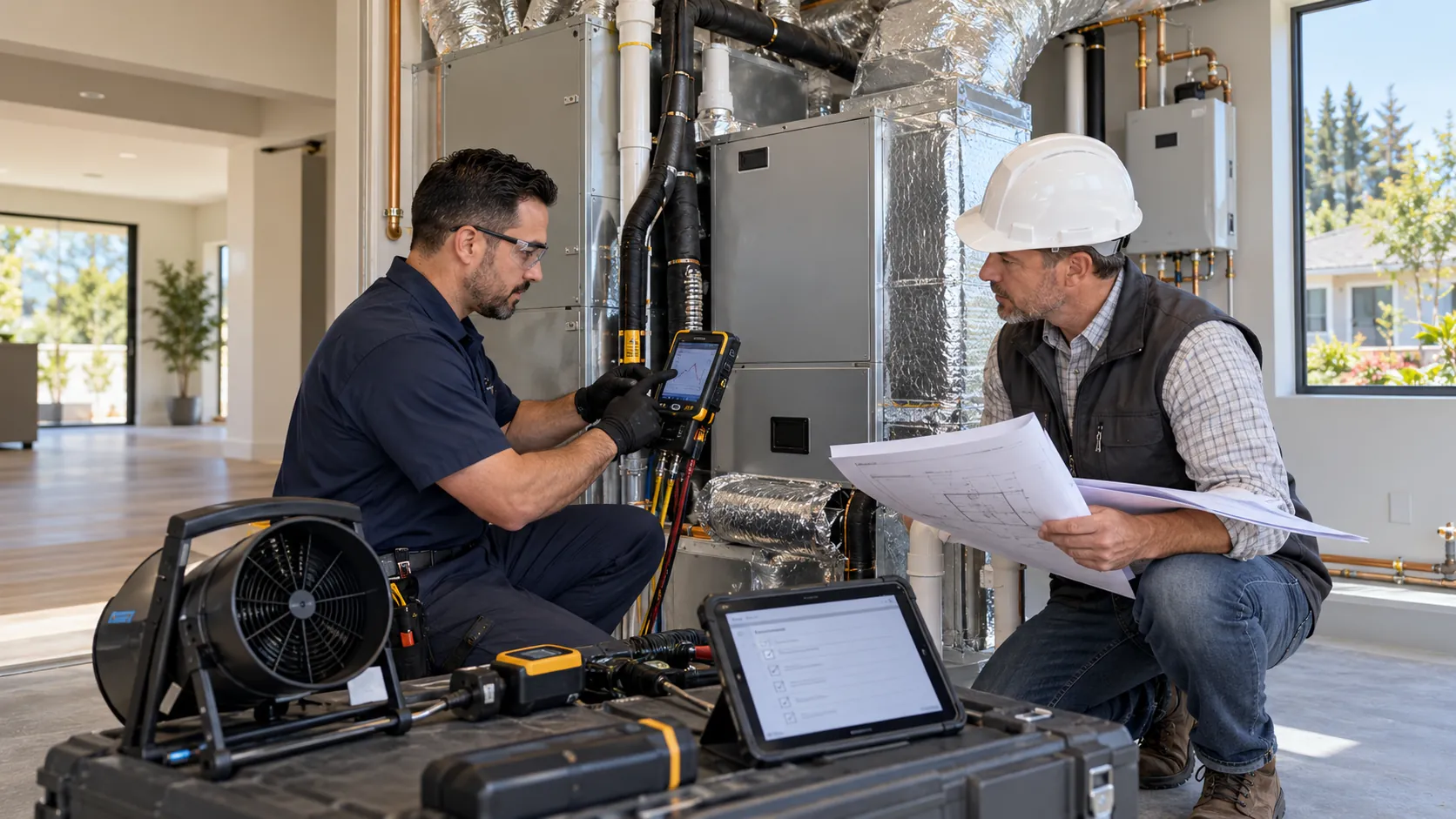 Professional HVAC inspector evaluating HERS testing cost in Sacramento, CA, during a residential energy efficiency and Title 24 compliance inspection.