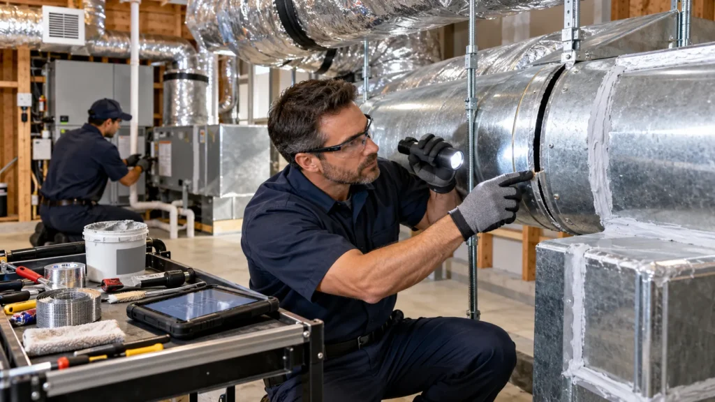 HVAC contractor repairing poorly sealed duct connections to prevent duct leakage test failures and improve home energy efficiency.