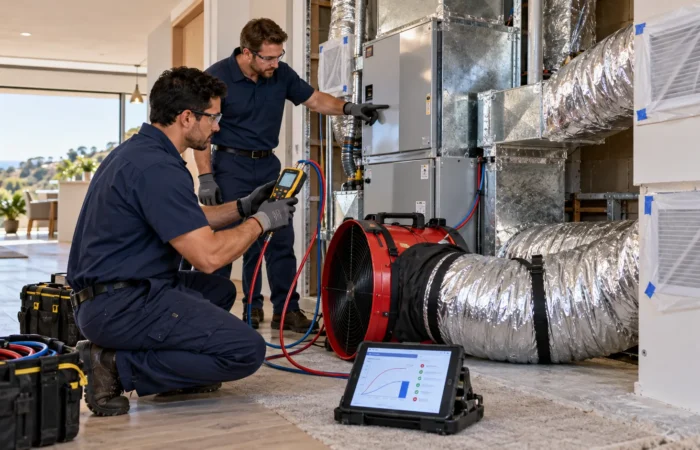 Professional technician conducting a duct leakage test using diagnostic equipment to identify HVAC air leaks in a California home.