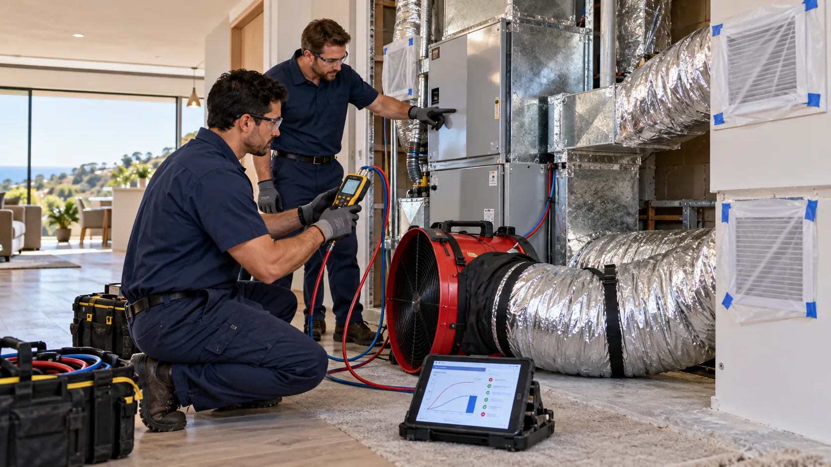 Professional technician conducting a duct leakage test using diagnostic equipment to identify HVAC air leaks in a California home.