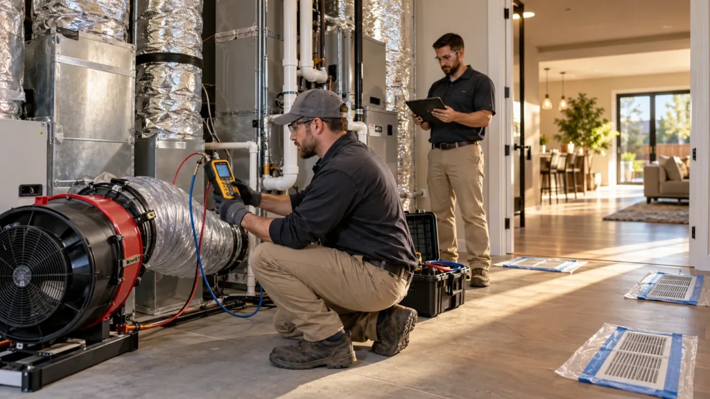 Certified HERS technician performing duct leakage and HVAC airflow verification to assess HERS testing cost in Sacramento, CA.
